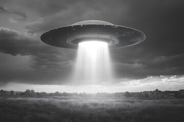 a photograph depicting an alien flying saucer hovering over fields and houses, combining surrealism and mystery with dramatic lighting and shadows



