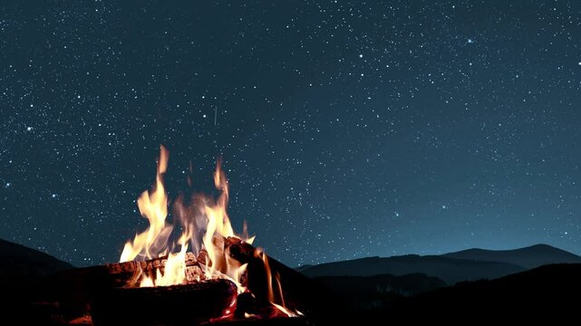 a bonfire burns at night against the background of mountains and sea with bright stars..