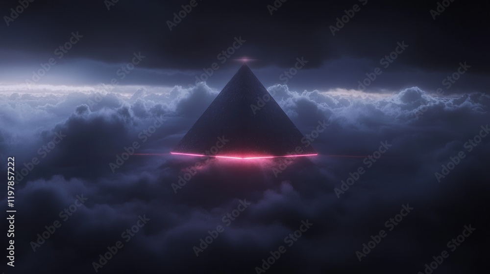 Poster a pyramid-shaped object is lit up in red and is floating in the sky