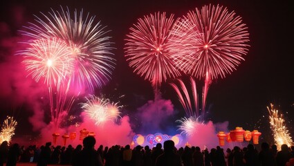A stunning display of red and white fireworks lights up the night sky, with a lively crowd enjoying a festive celebration filled with joy and excitement.