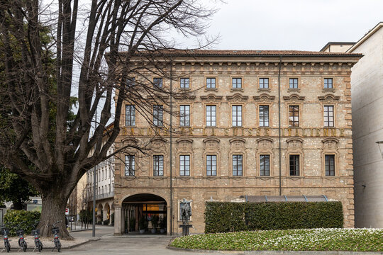 Lugano, Switzerland - Dec 22, 2024: Historic facade of the former Banca della Svizzera Italiana (BSI) bank building