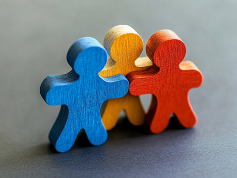 Wooden colorful puzzle figures symbolizing unity and teamwork