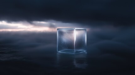 A cube made of ice is floating in the water