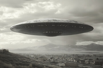 Fototapeta premium a photograph depicting an alien flying saucer hovering over fields and houses, combining surrealism and mystery with dramatic lighting and shadows