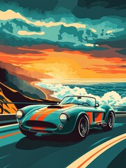 Naklejka premium Retro Classic Car Driving Along Coastal Road at Sunset with a Dramatic Sky