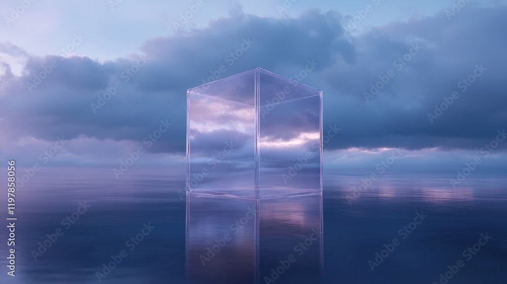 Poster a cube is floating in the water with a cloudy sky in the background