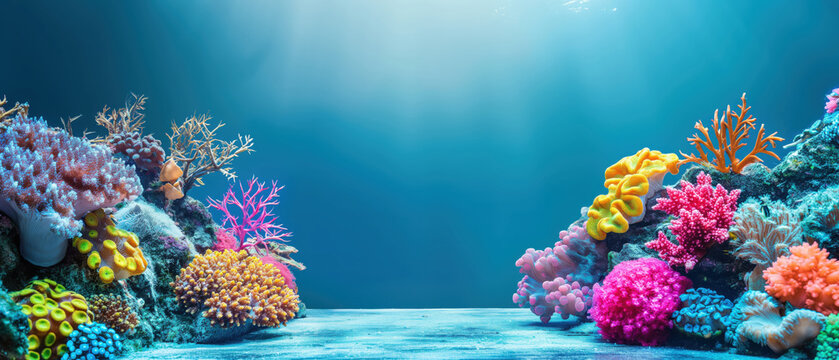 A clean, minimal podium against the backdrop of a vibrant coral reef, offering a striking contrast of nature and design.