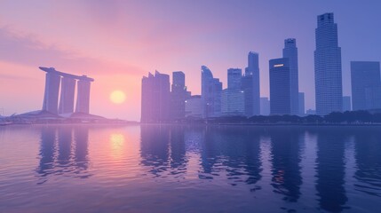 Obraz premium Sunrise cityscape reflection, hazy Asian city, morning calm, travel brochure
