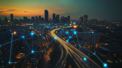 Obraz premium Abstract business man stands on the peak of success amid tall, innovative Smart city and graphs with statistics to analyze business potential and predict future developments in company growth.