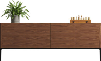 Front view of wooden sideboard with chessboard and fern