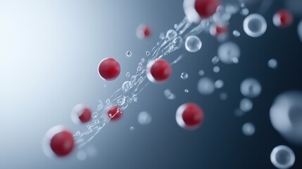 A series of red and blue spheres are floating in the air