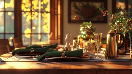 a dining room table with green and gold place settings