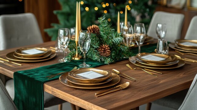 christmas table setting with gold and green decorations