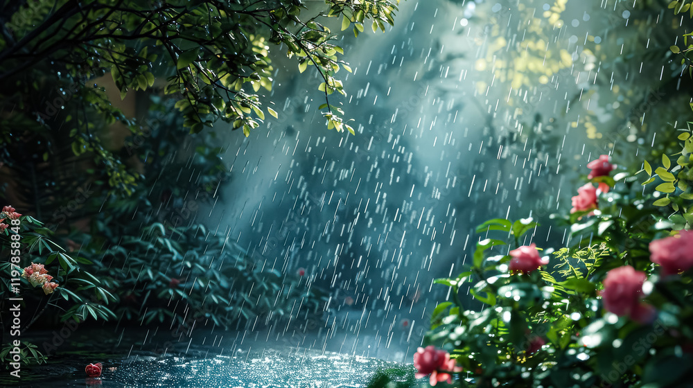 Aufkleber forest with a stream of rain falling on it. the rain is falling on the leaves of the trees and the f