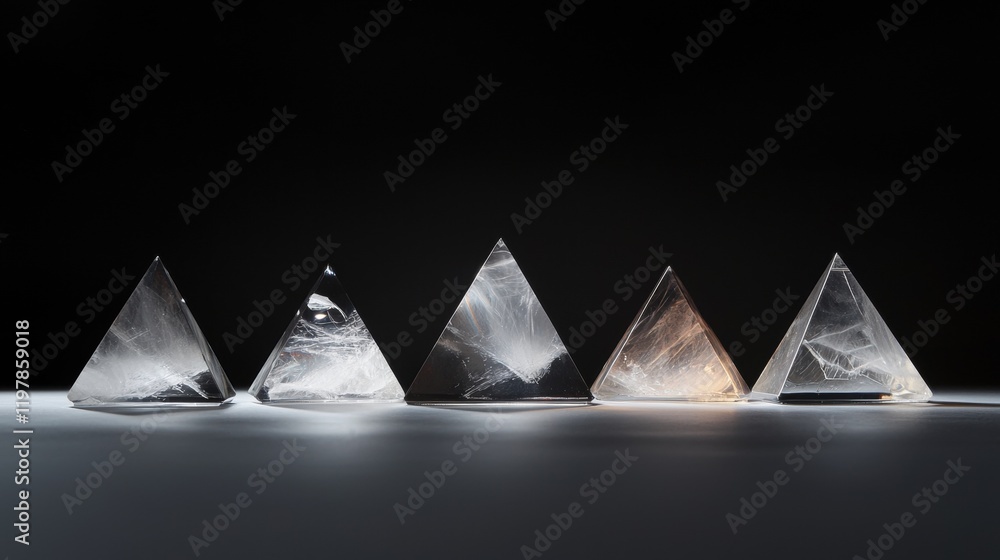 Poster a row of five pyramid shaped glass objects are lined up on a table