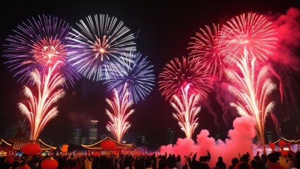 Brilliant fireworks illuminate the night sky over a lively festival with glowing lanterns, traditional pavilions, and a cheering crowd celebrating together.