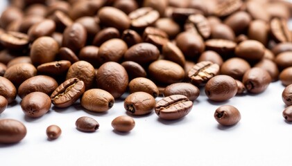 Roasted coffee beans scattered on white, close-up view, drink, isolated