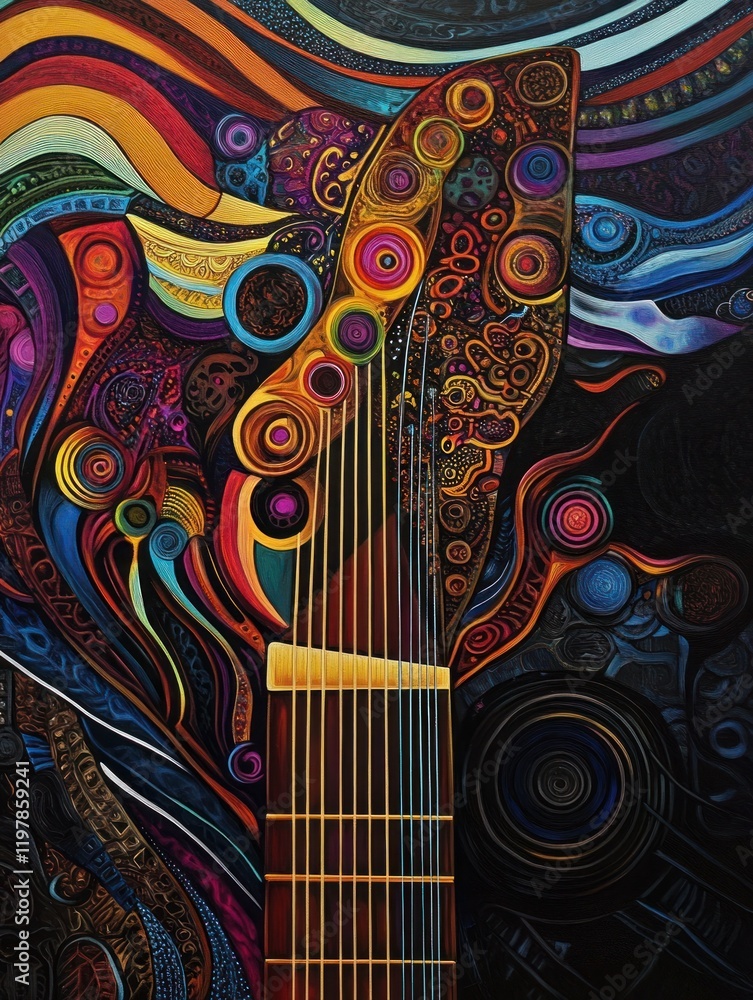 Poster abstract guitar art with psychedelic patterns and vibrant colors on dark canvas