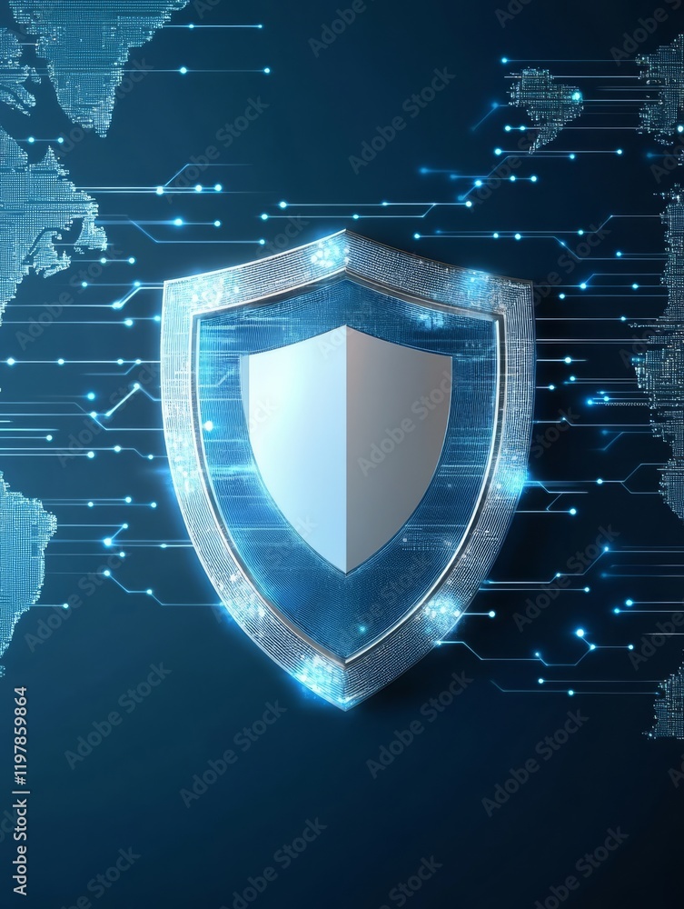 Poster a striking shield icon symbolizes robust security in a global network, highlighting advanced technol