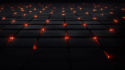 A black and white image of a floor with red squares