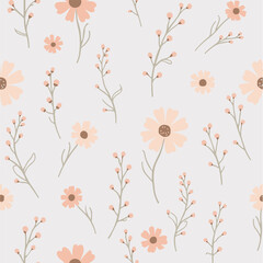 pattern of simple delicate flowers, leaves and branches hand drawn in line art style. botany