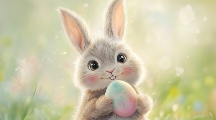 Obraz premium Adorable fluffy bunny with joyful expression holding pastel Easter egg against blurred spring background