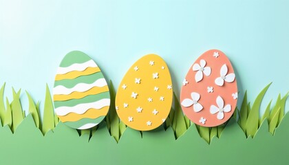 Three patterned paper Easter eggs in handcrafted style against blue backdrop