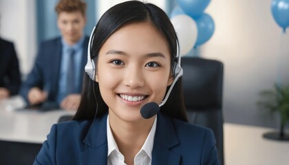 Smiling customer service representative wearing a headset at a workplace.