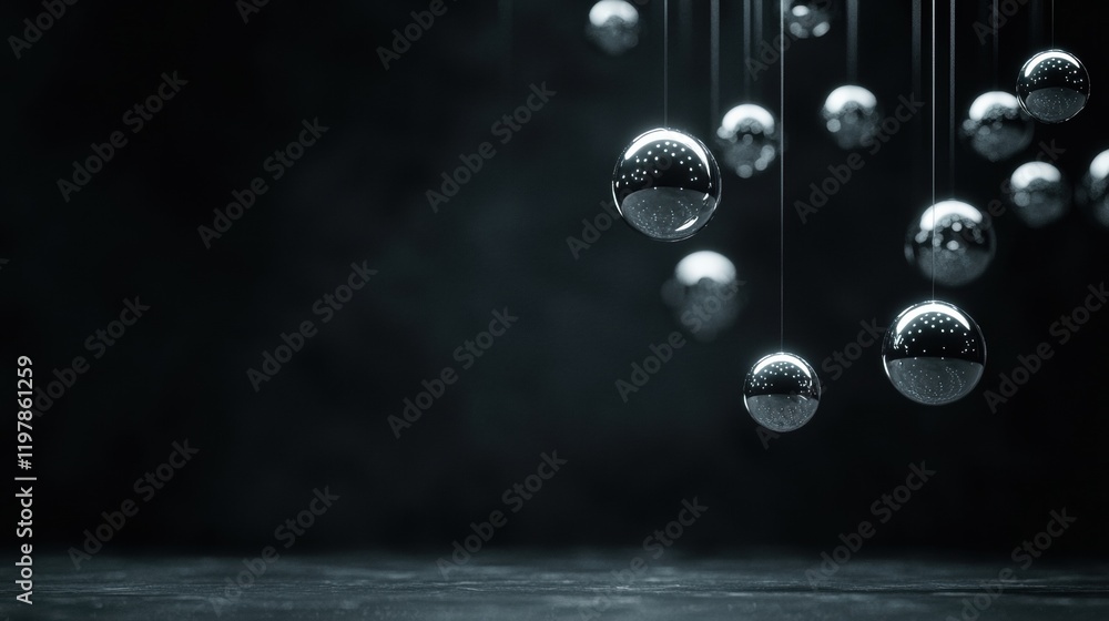Poster a black background with a bunch of shiny silver balls hanging from a string