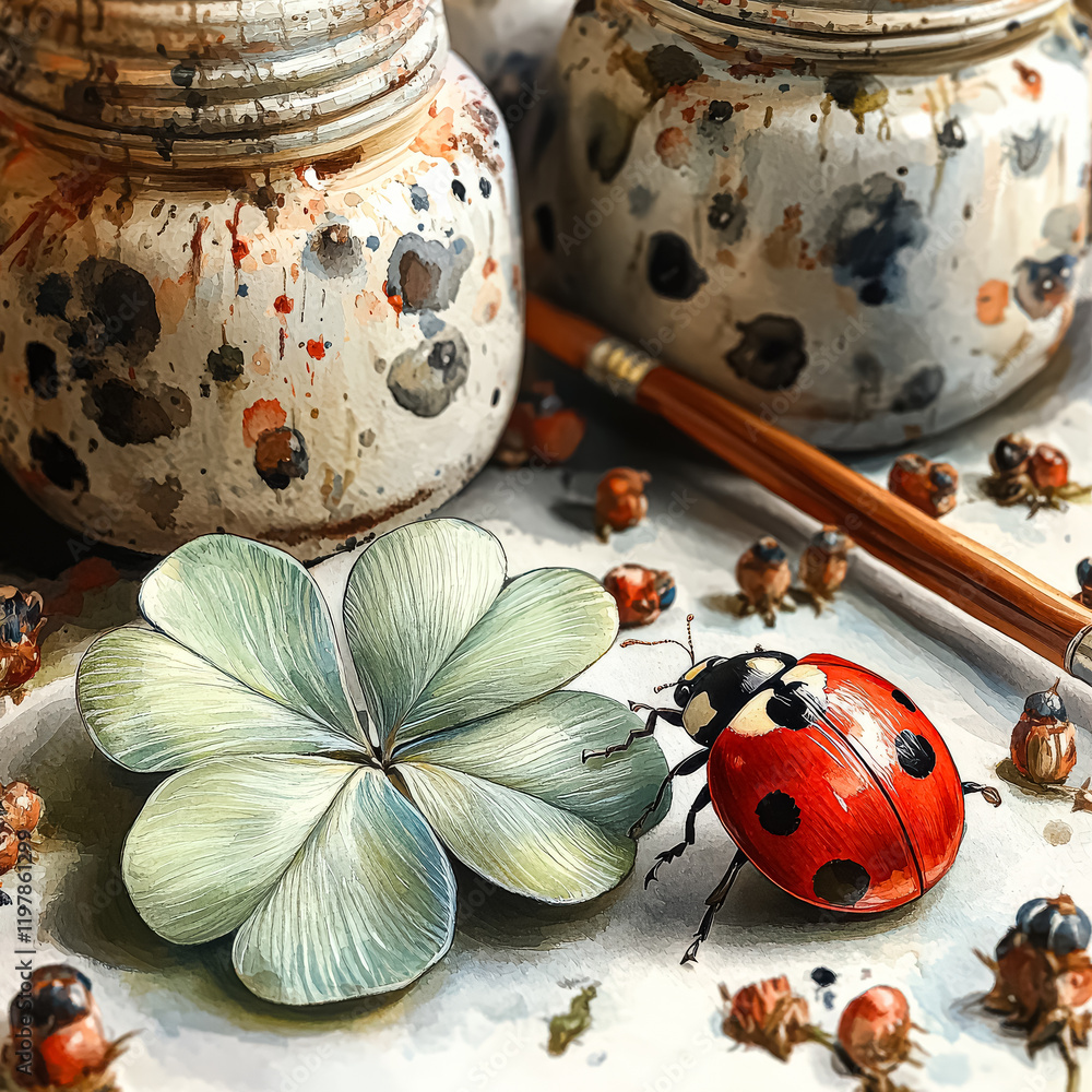 Poster ladybug is on a green leaf that is part of a four leaf clover. the ladybug is red and black