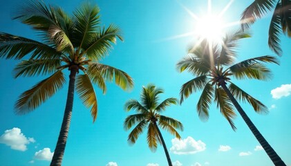 Sun-drenched coconut palms sway gently under a vibrant blue sky , clouds, holiday