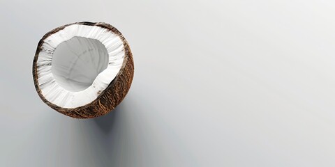 Fototapeta premium A halved coconut displaying its white flesh and brown shell on a minimalistic background.