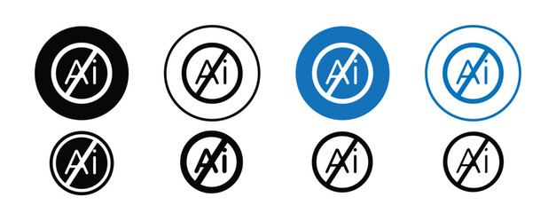Set of 8 No AI sign icons with 1 silhouette and 1 unexpanded vector inside, crossed-out artificial intelligence icon conveying clear prohibition of AI usage