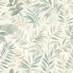 Fototapeta premium Tranquil Greenery: A delicate pattern of soft green and beige leaves dances across the canvas, evoking a sense of tranquility and natural beauty.