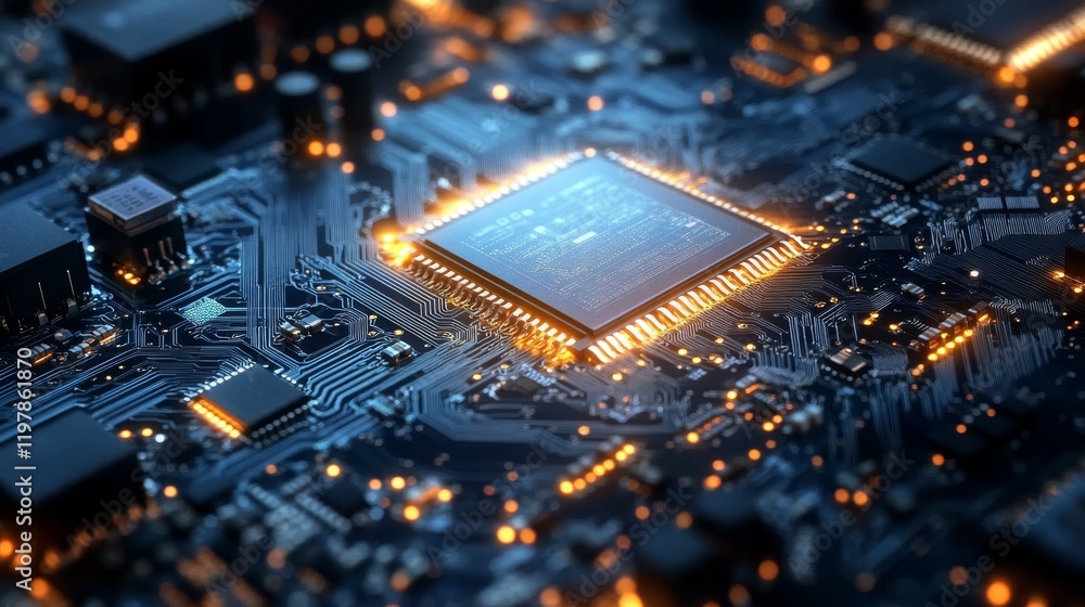 Poster a closeup of a microchip on a circuit board highlights its intricate details and glowing connections