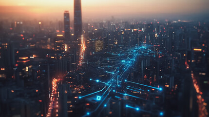 Fototapeta premium Abstract business man stands on the peak of success amid tall, innovative Smart city and graphs with statistics to analyze business potential and predict future developments in company growth.