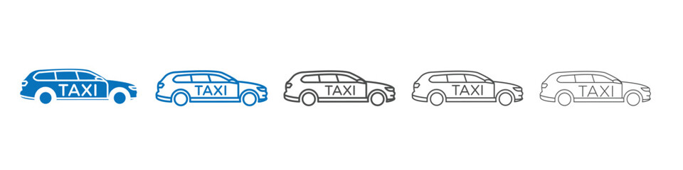 Set of 5 Taxi icons with 1 silhouette and 1 unexpanded vector inside, Taxi icon perfect for transportation apps maps or travel related designs