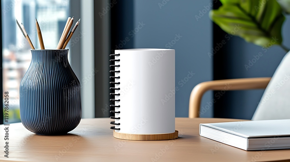 Poster minimalist workspace with blank notebook