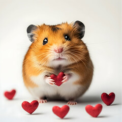 A hamster with heartshaped fur patterns for Valentine's Day on a  clean white surface.