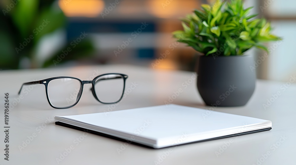 Poster minimalist workspace with eyeglasses and notepad