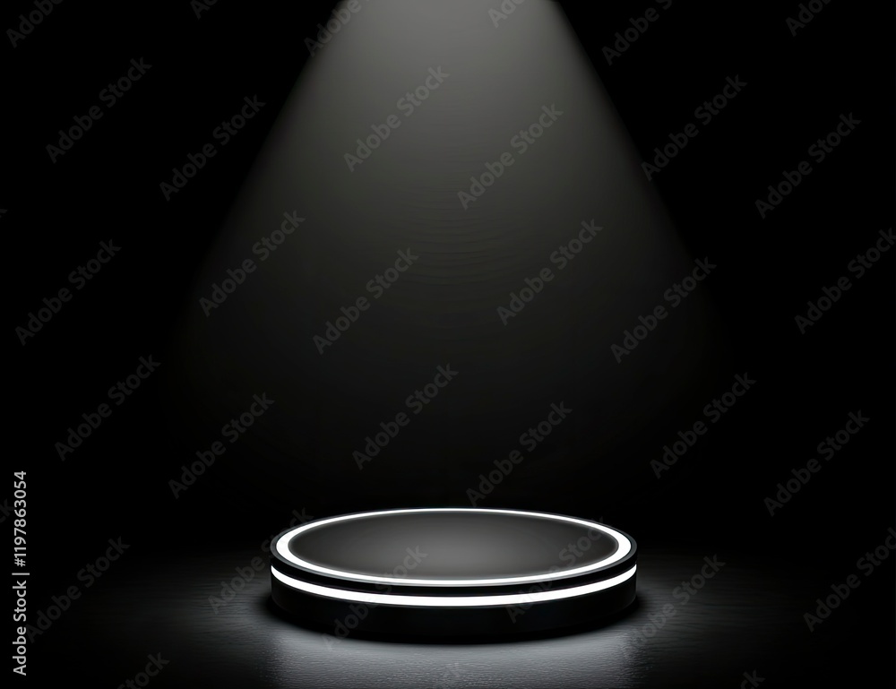 Poster minimalist abstract background with a podium and a glowing ring for product presentation, a black sc