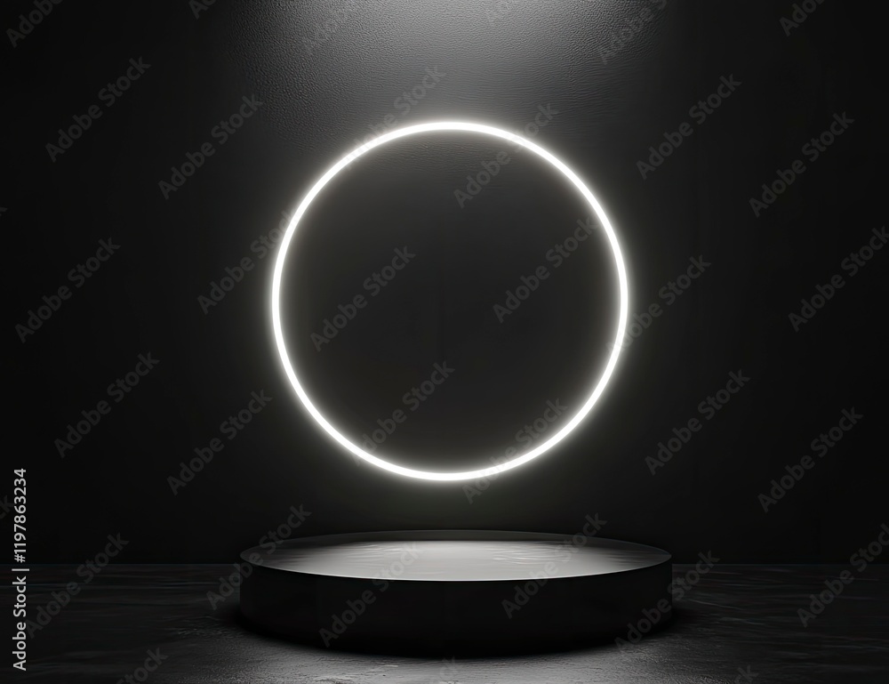 Poster minimalist abstract background with a podium and a glowing ring for product presentation, a black sc
