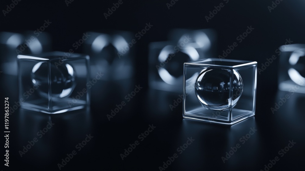 Poster a series of cubes with a clear sphere in the middle