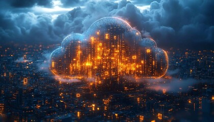 Obraz premium An abstract representation of a cloud-shaped data fortress, constructed from glowing digital locks, encrypted symbols, Cloud Data Fortress