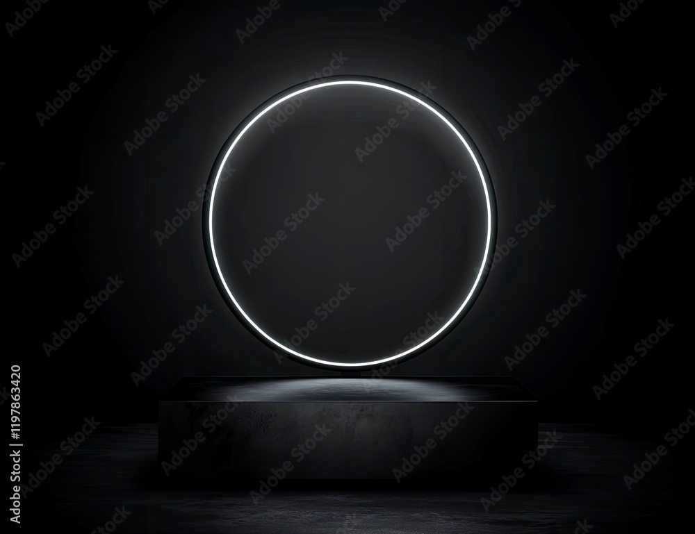 Poster minimalist abstract background with a podium and a glowing ring for product presentation, a black sc