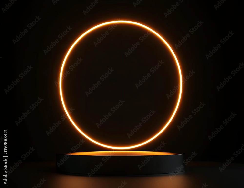 Poster minimalist abstract background with a podium and a glowing ring for product presentation, a black sc