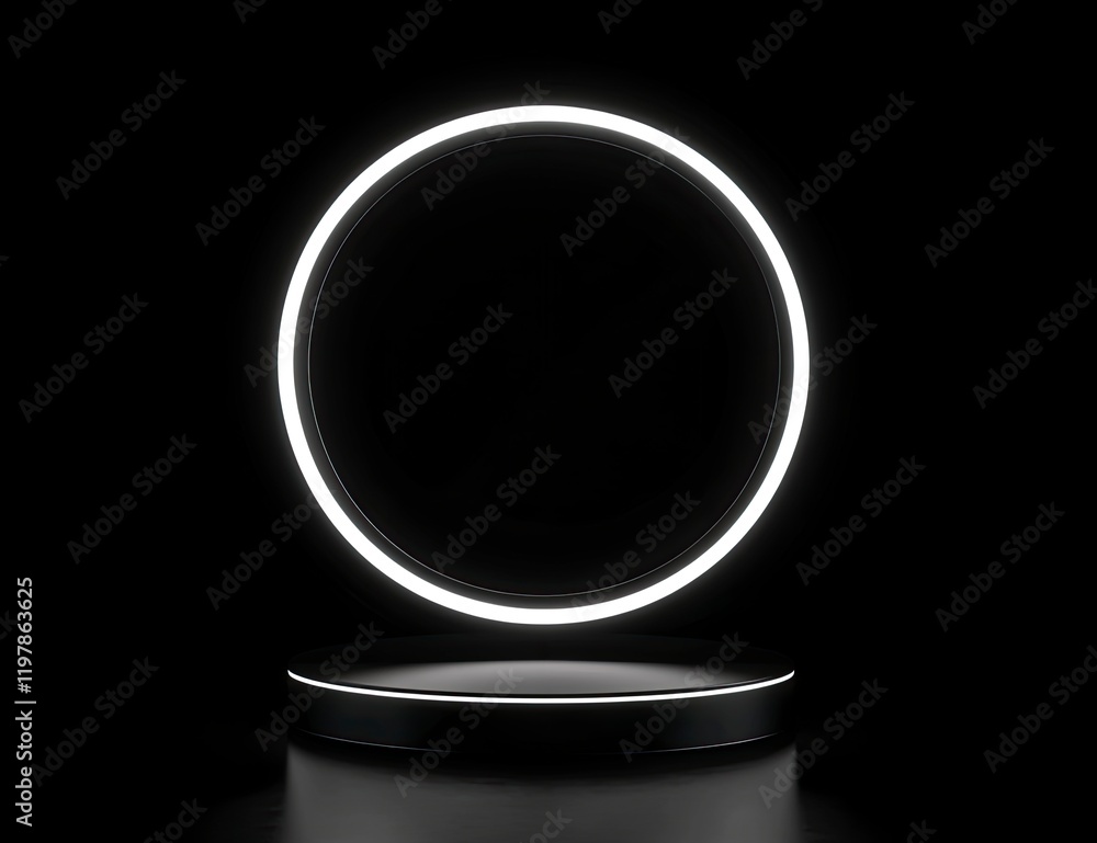 Poster minimalist abstract background with a podium and a glowing ring for product presentation, a black sc