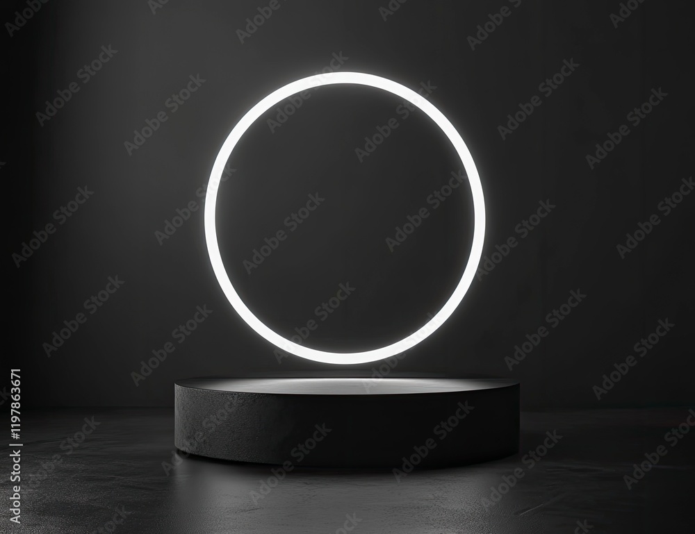 Poster minimalist abstract background with a podium and a glowing ring for product presentation, a black sc