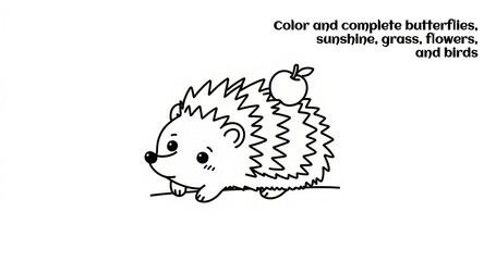 Cute hedgehog coloring page with apple for kids. 