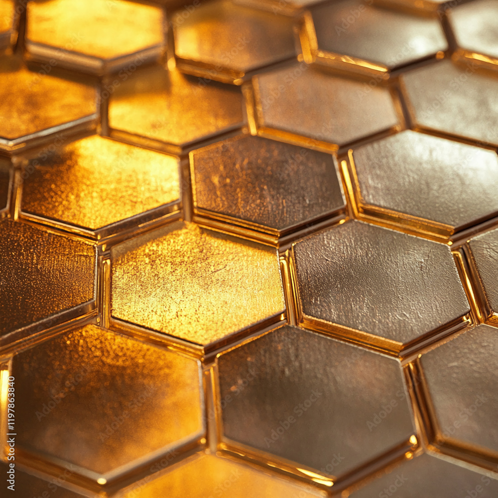 Poster close-up of shiny golden hexagonal metallic tiles